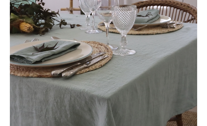 Water green washed linen tablecloth